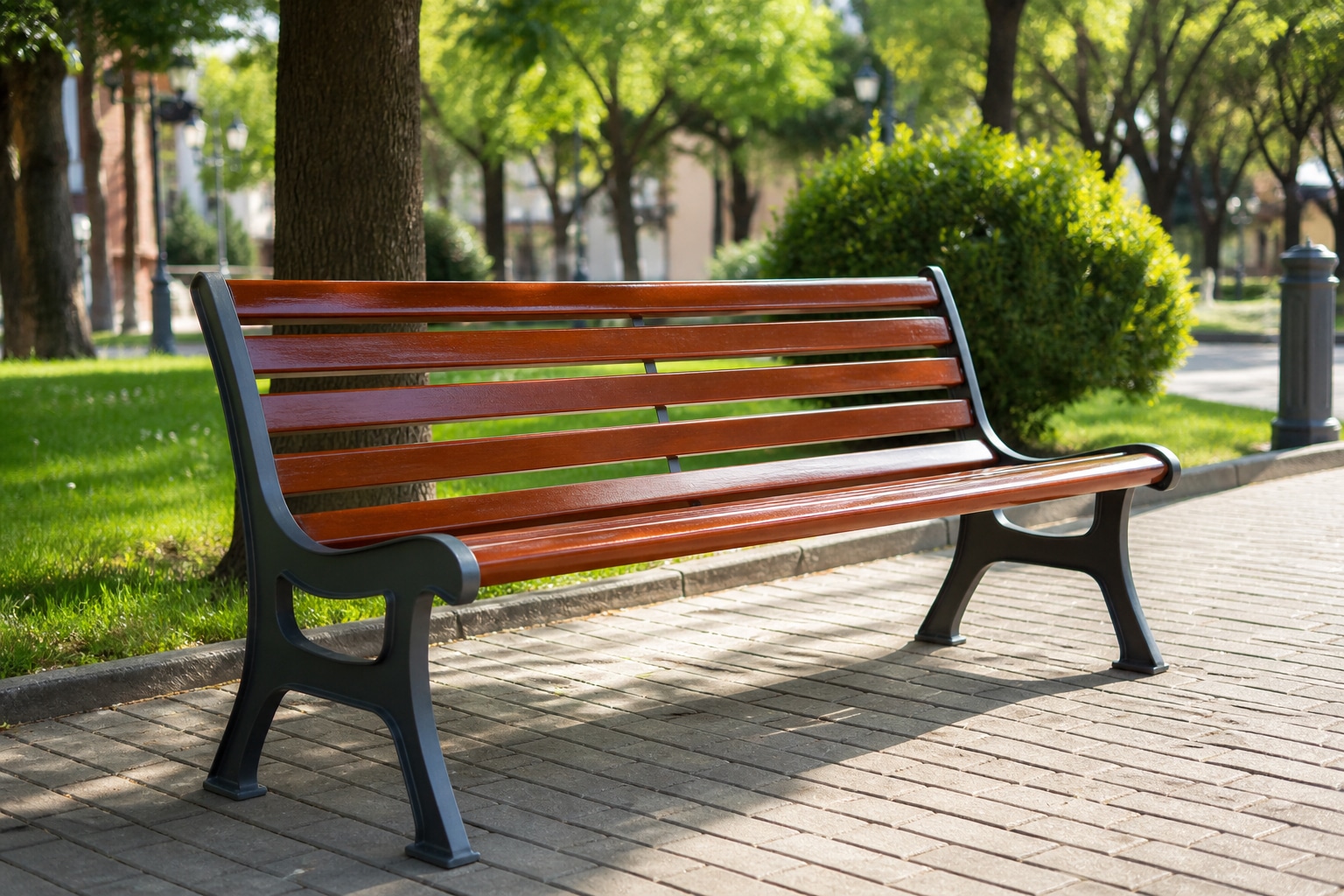 panchina da giardino in metallo e legno in parco pubblico